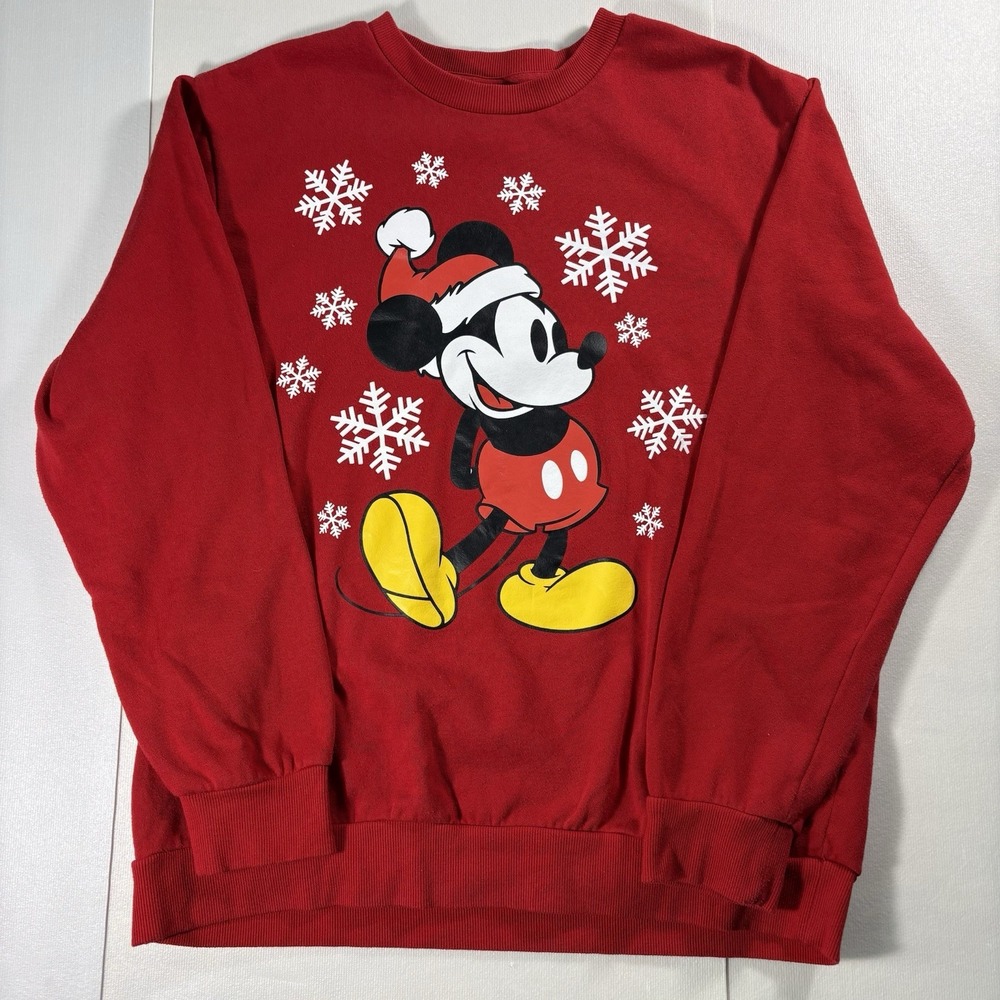 Disney Mickey Mouse Christmas Sweatshirt Red Holiday Snowflake Graphic L 42-44